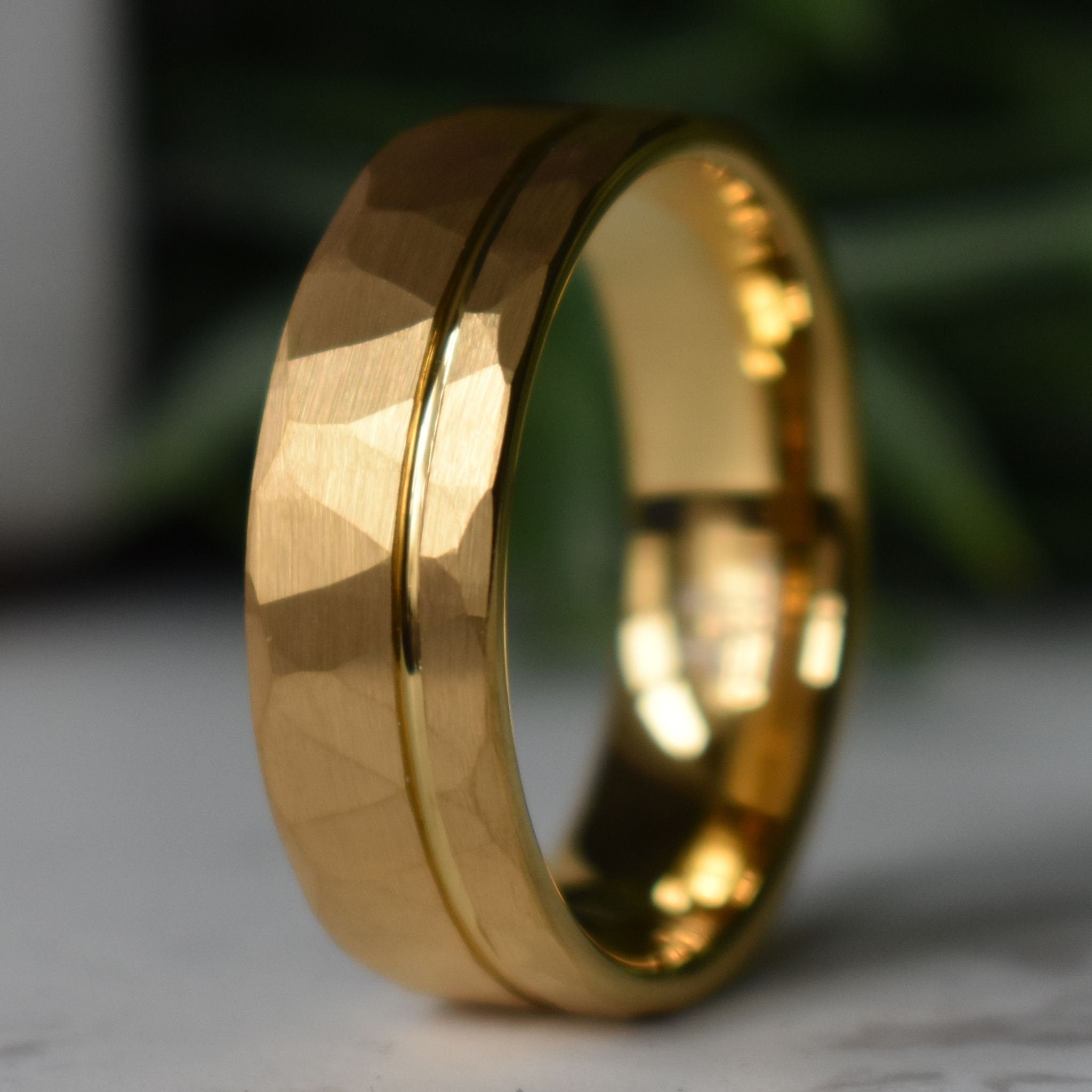 Hammered Tungsten Ring 8mm Gold Brushed with Polished Gold Accent