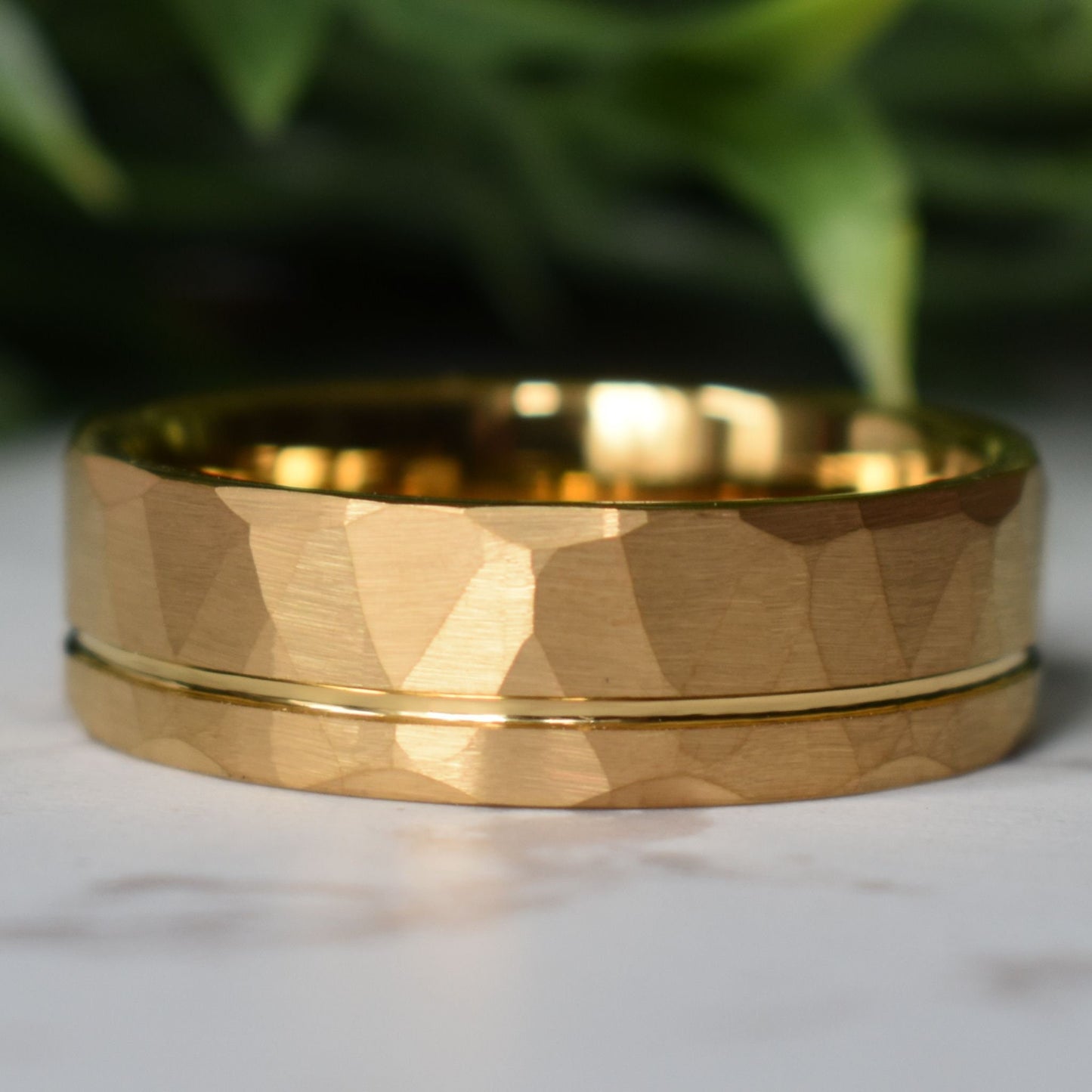 Hammered Tungsten Ring 8mm Gold Brushed with Polished Gold Accent
