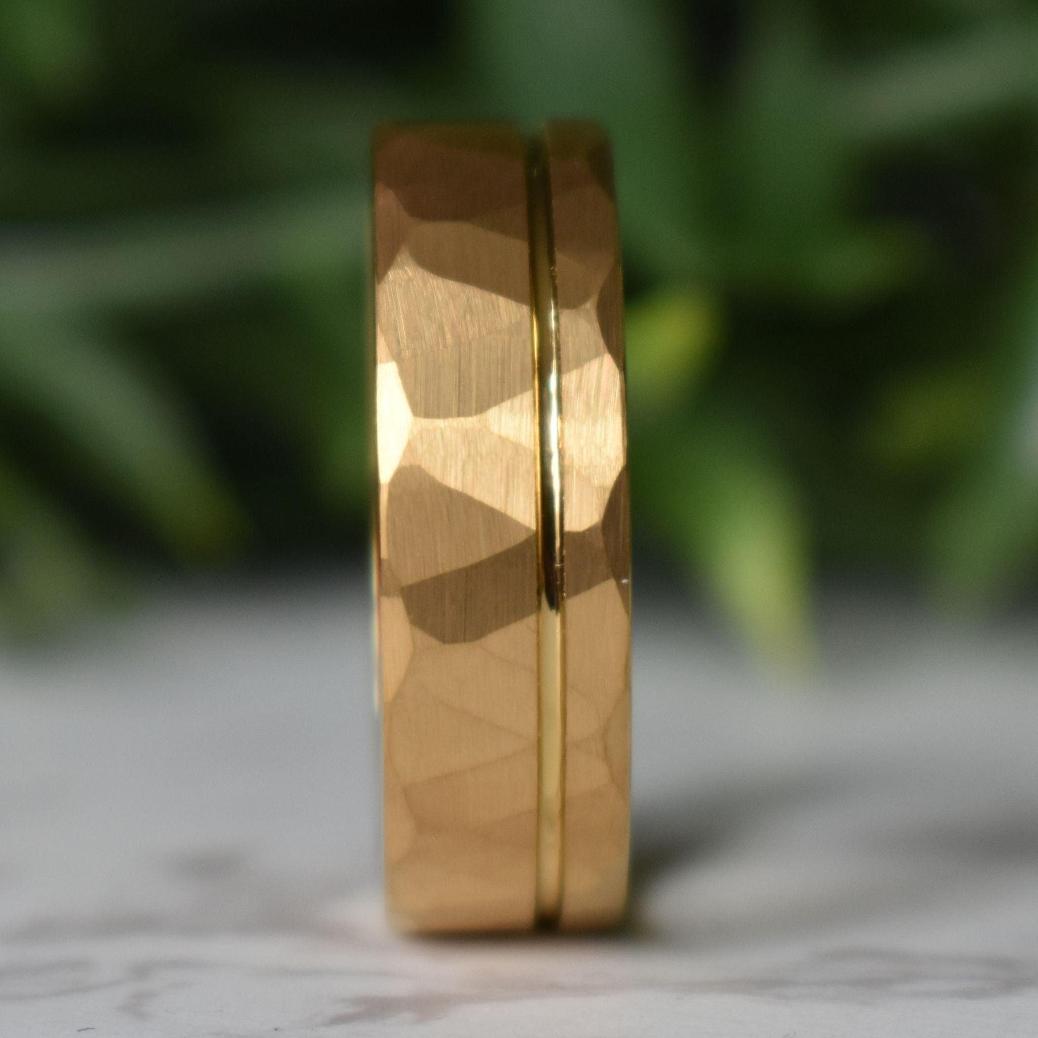 Hammered Tungsten Ring 8mm Gold Brushed with Polished Gold Accent
