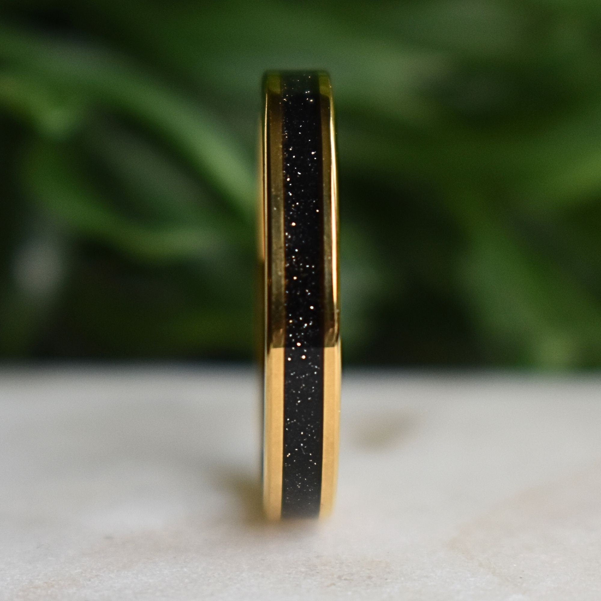 Tungsten Yellow Gold Ring Black Druzy Quartz Wedding Band, Womens Ring, Womens Wedding Band