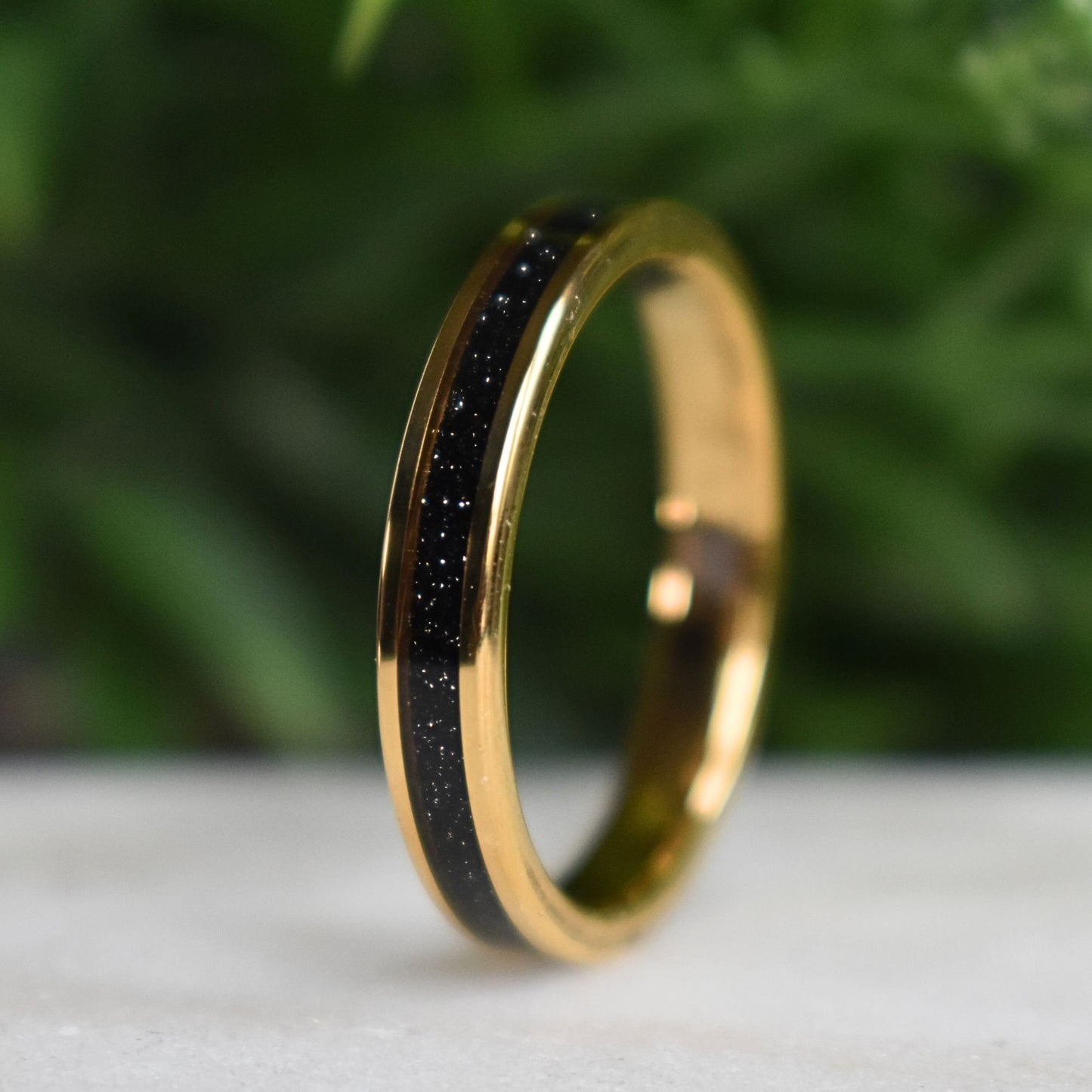 Tungsten Yellow Gold Ring Black Druzy Quartz Wedding Band, Womens Ring, Womens Wedding Band