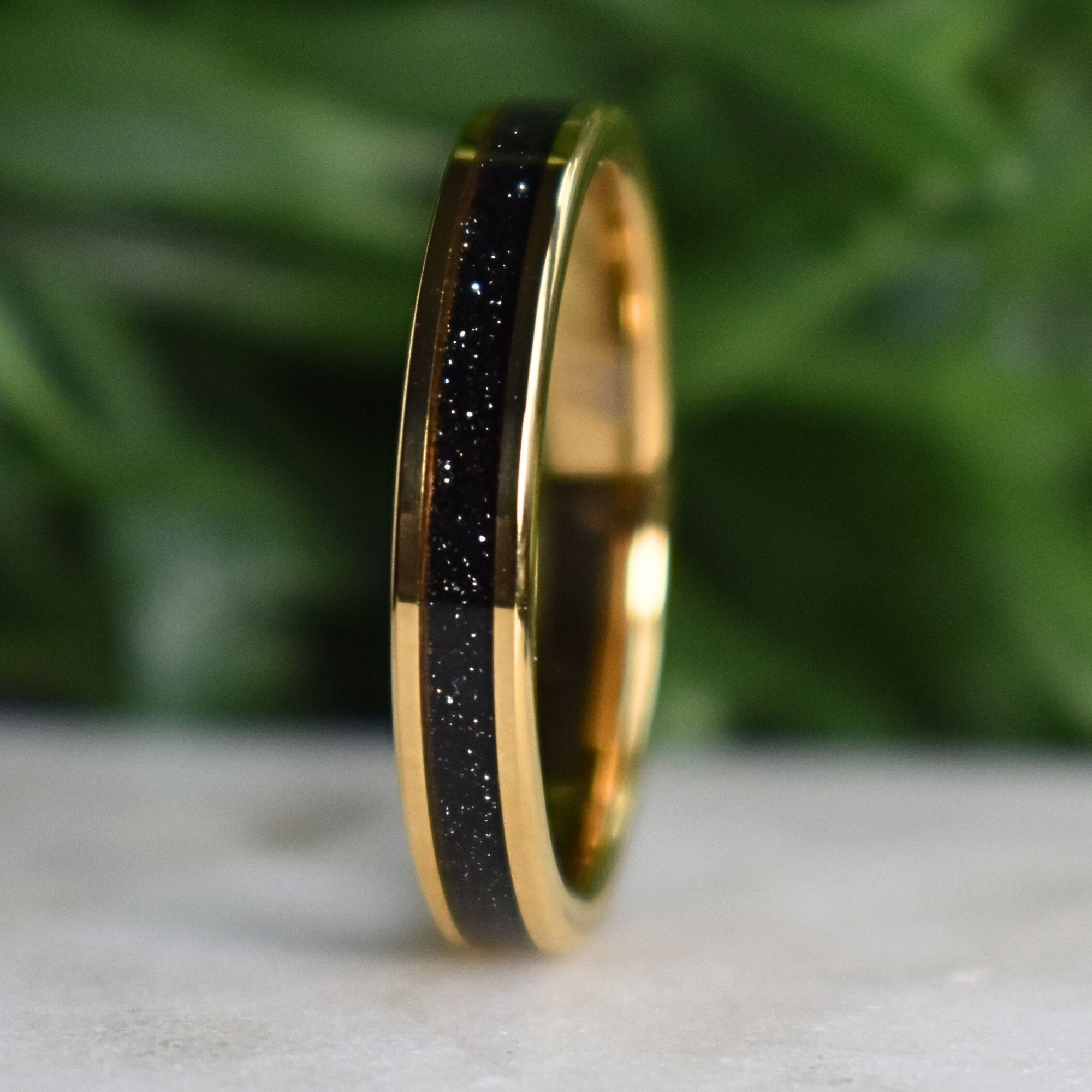 Tungsten Yellow Gold Ring Black Druzy Quartz Wedding Band, Womens Ring, Womens Wedding Band