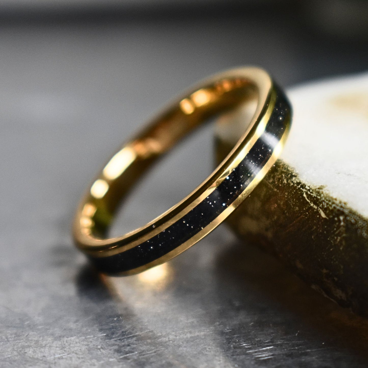 Tungsten Yellow Gold Ring Black Druzy Quartz Wedding Band, Womens Ring, Womens Wedding Band