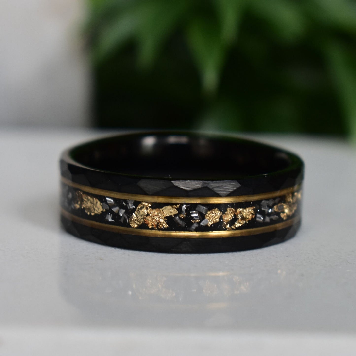 Hammered 8mm Black Tungsten Ring with 22K Gold Leaf and Meteorite Inlay