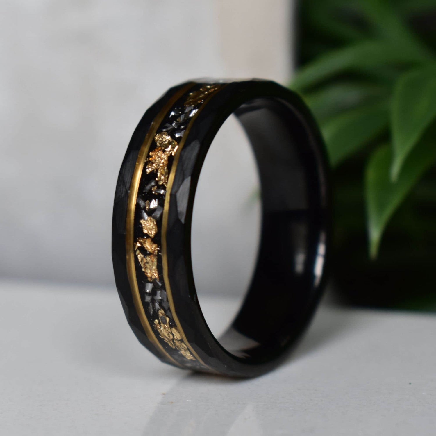 Hammered 8mm Black Tungsten Ring with 22K Gold Leaf and Meteorite Inlay