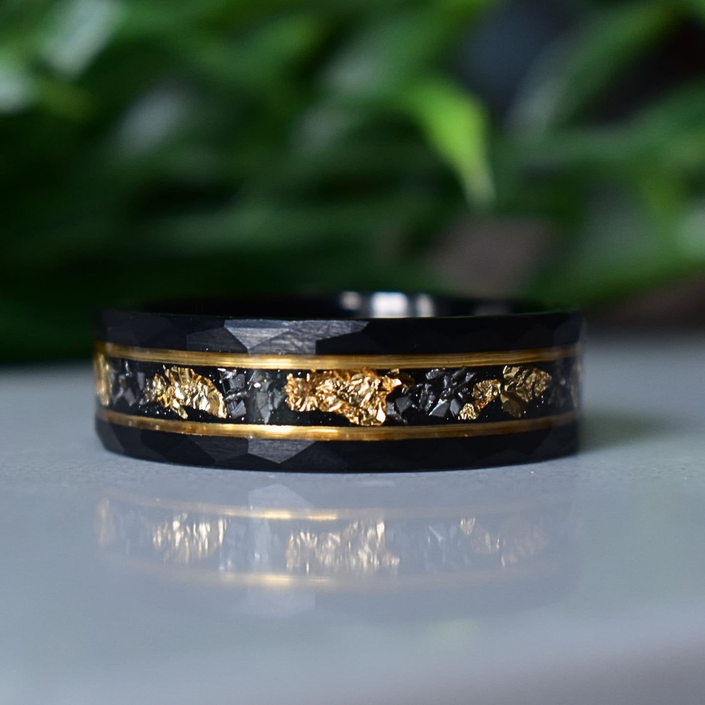 Hammered 8mm Black Tungsten Ring with 22K Gold Leaf and Meteorite Inlay