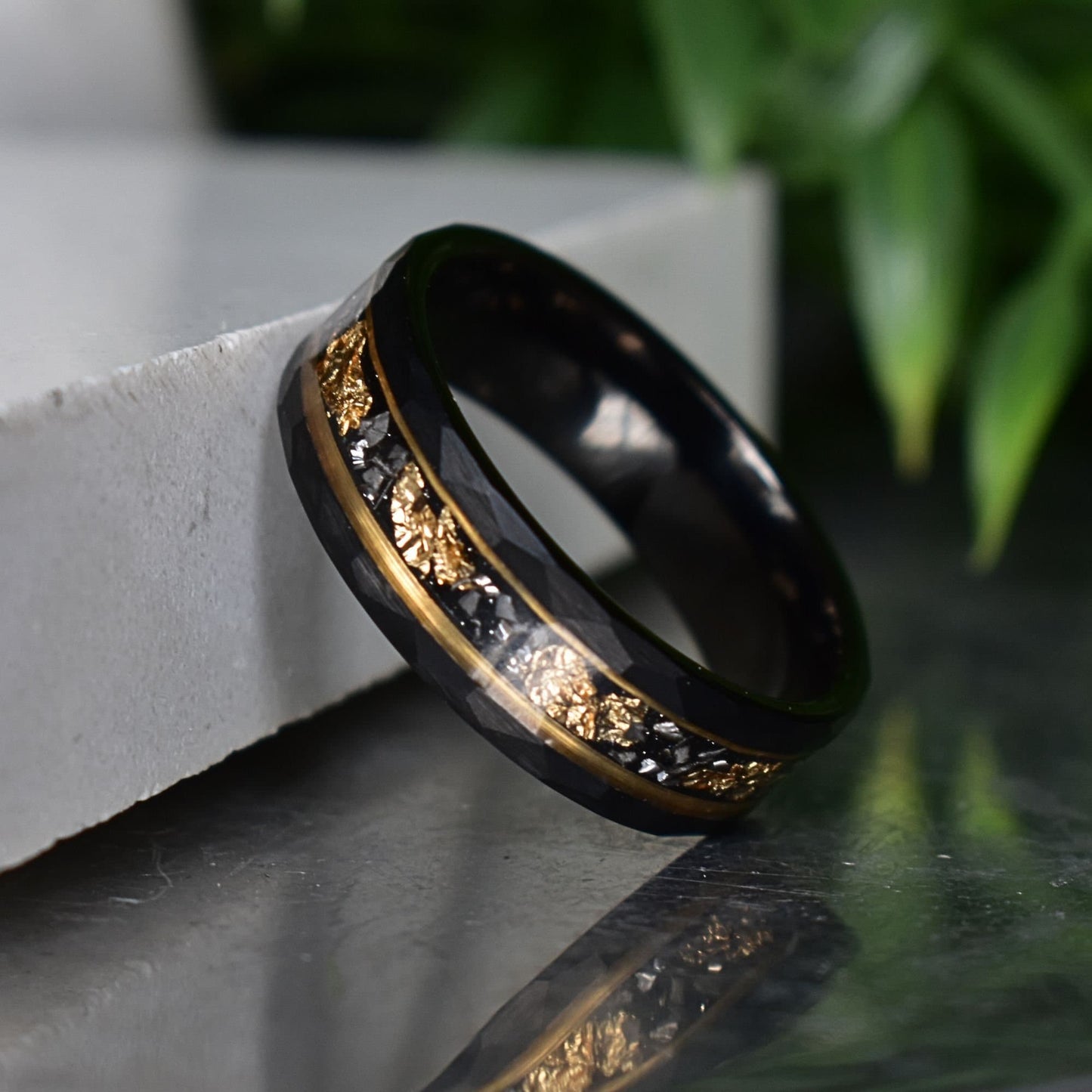 Hammered 8mm Black Tungsten Ring with 22K Gold Leaf and Meteorite Inlay