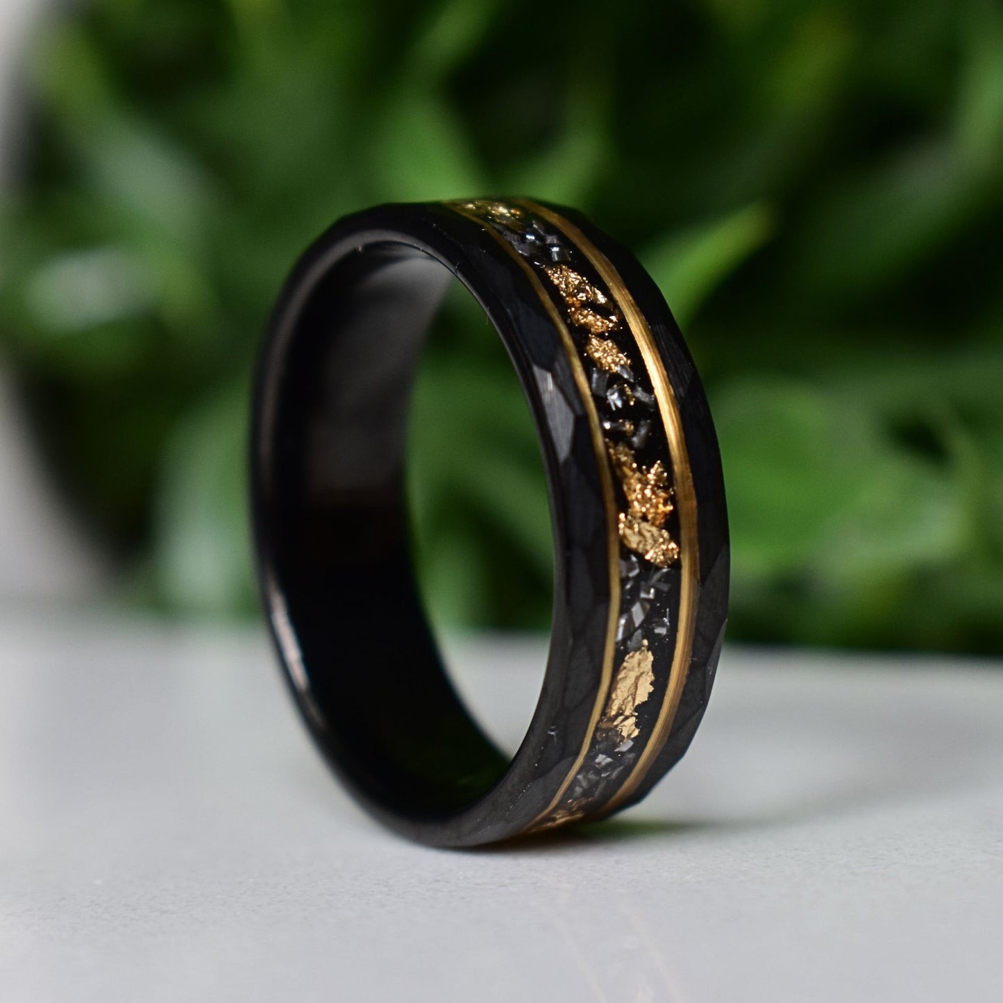 Hammered 8mm Black Tungsten Ring with 22K Gold Leaf and Meteorite Inlay