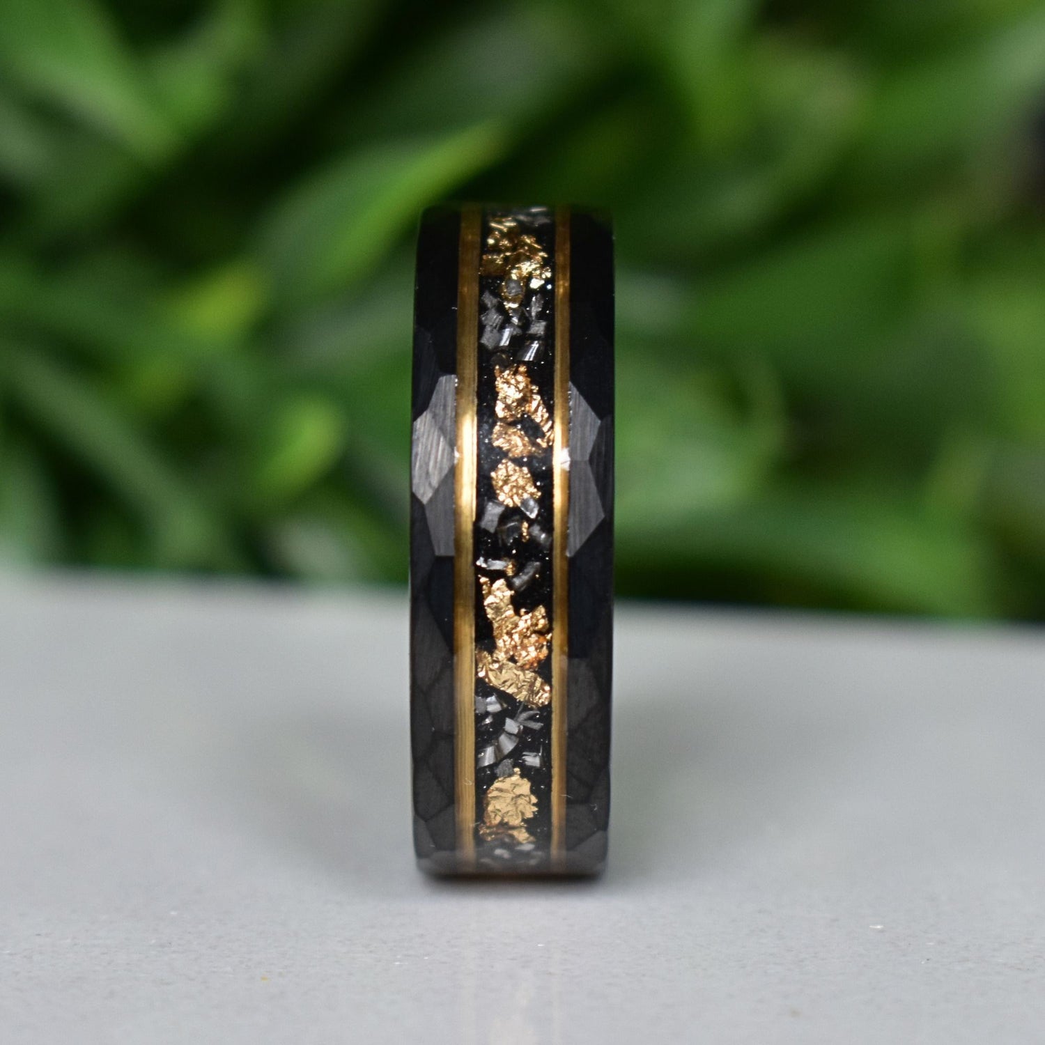 Hammered 8mm Black Tungsten Ring with 22K Gold Leaf and Meteorite Inlay