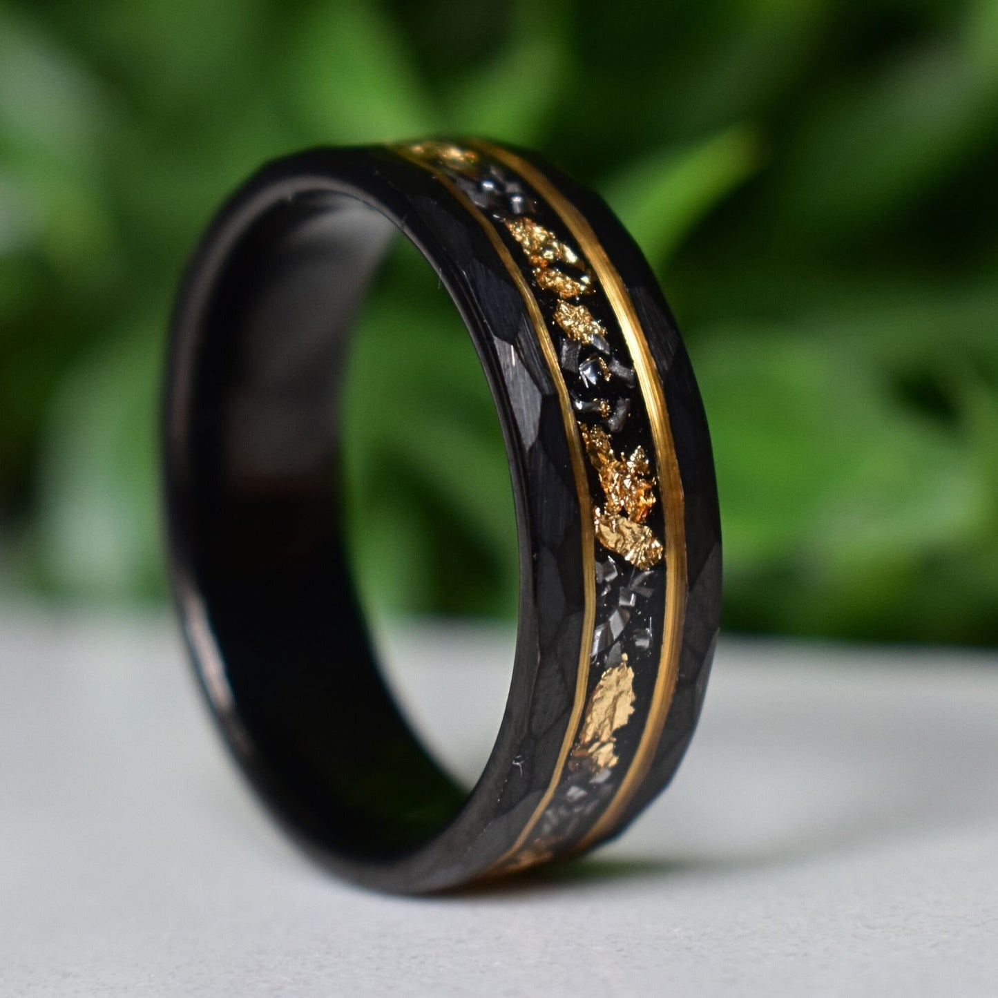 Hammered 8mm Black Tungsten Ring with 22K Gold Leaf and Meteorite Inlay