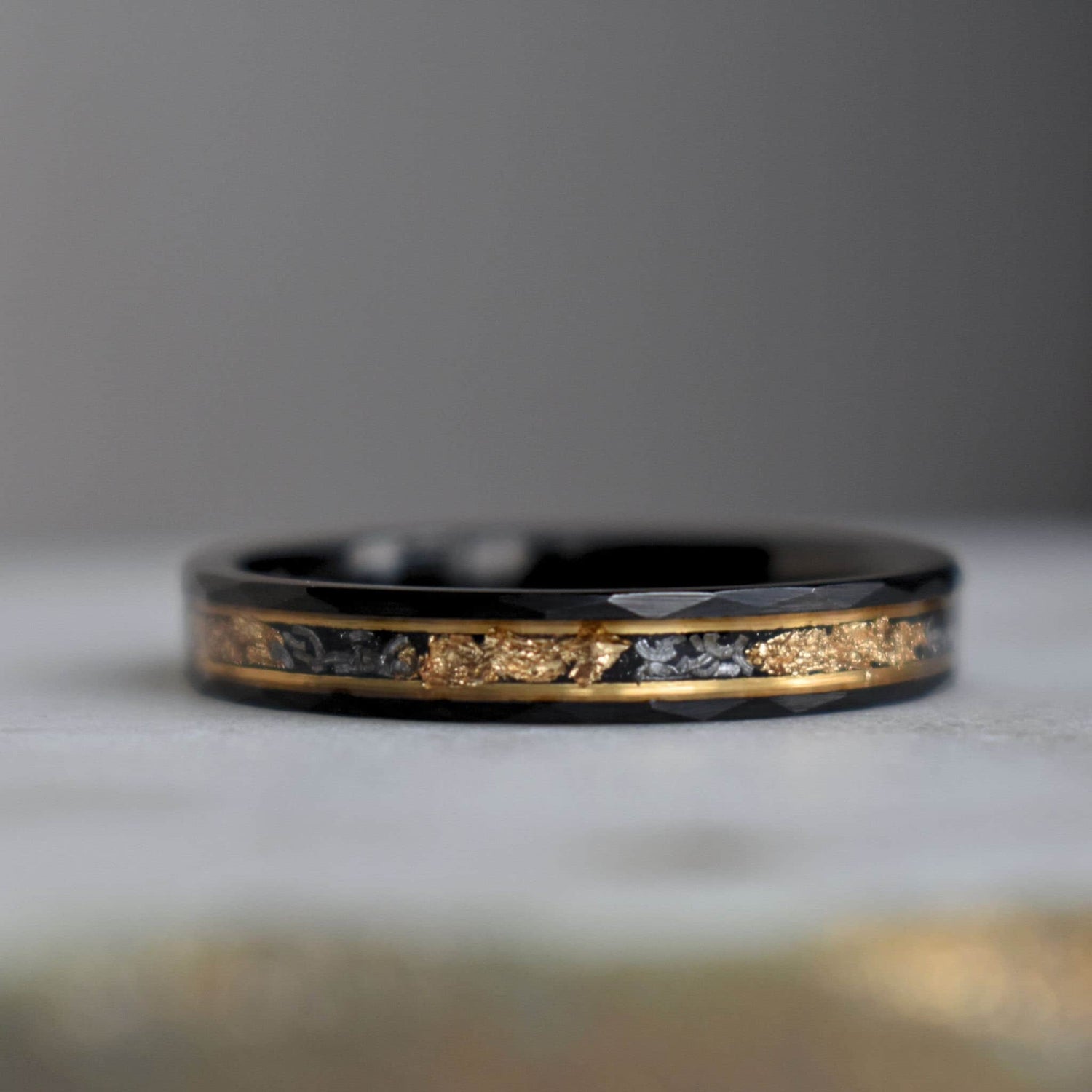 Hammered 4mm Black Tungsten Ring with 22K Gold Leaf and Meteorite Inlay