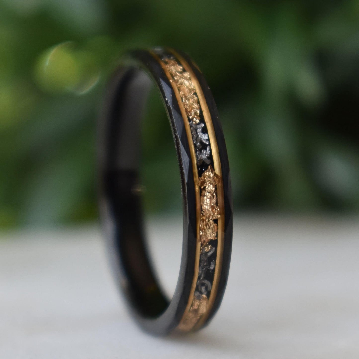 Hammered 4mm Black Tungsten Ring with 22K Gold Leaf and Meteorite Inlay