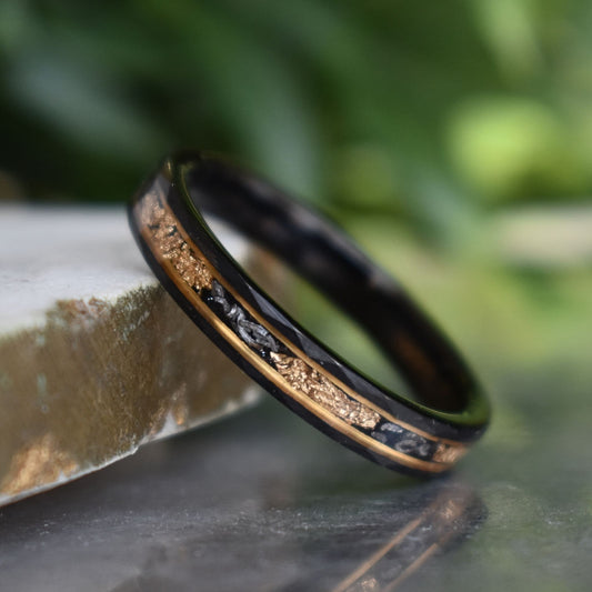 Hammered 4mm Black Tungsten Ring with 22K Gold Leaf and Meteorite Inlay