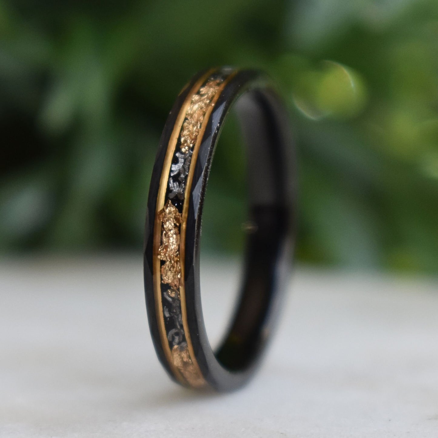 Hammered 4mm Black Tungsten Ring with 22K Gold Leaf and Meteorite Inlay