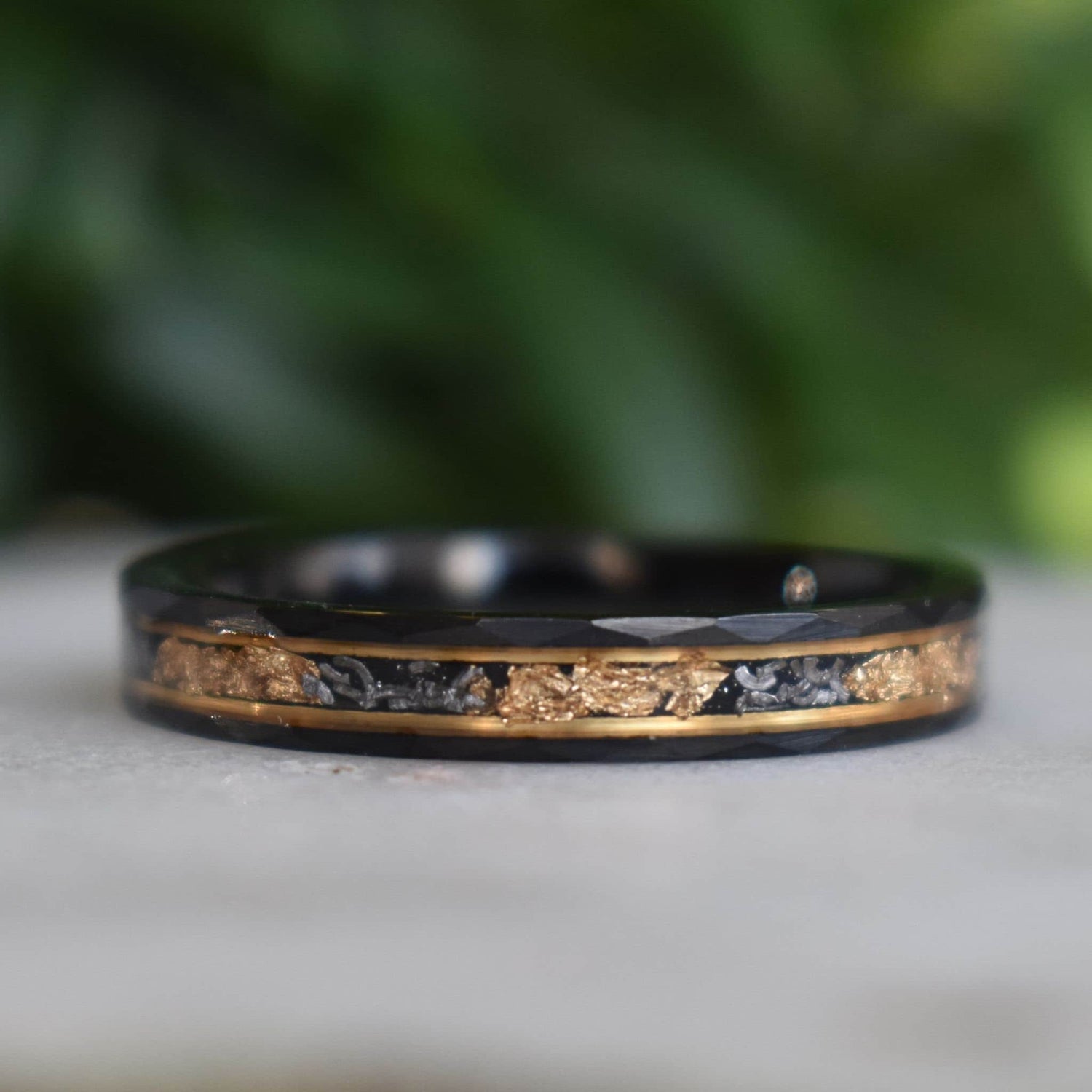 Hammered 4mm Black Tungsten Ring with 22K Gold Leaf and Meteorite Inlay