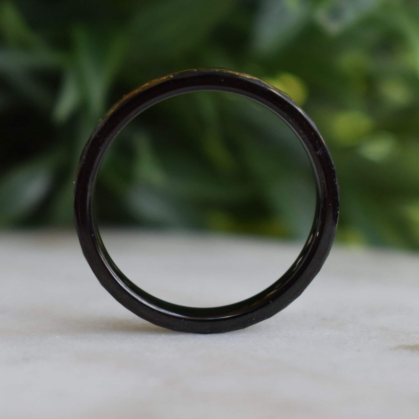 Hammered 4mm Black Tungsten Ring with 22K Gold Leaf and Meteorite Inlay