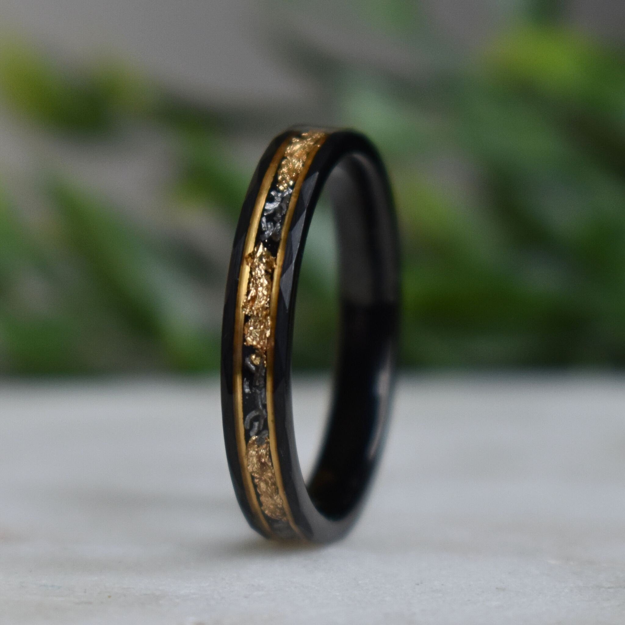 Hammered 4mm Black Tungsten Ring with 22K Gold Leaf and Meteorite Inla