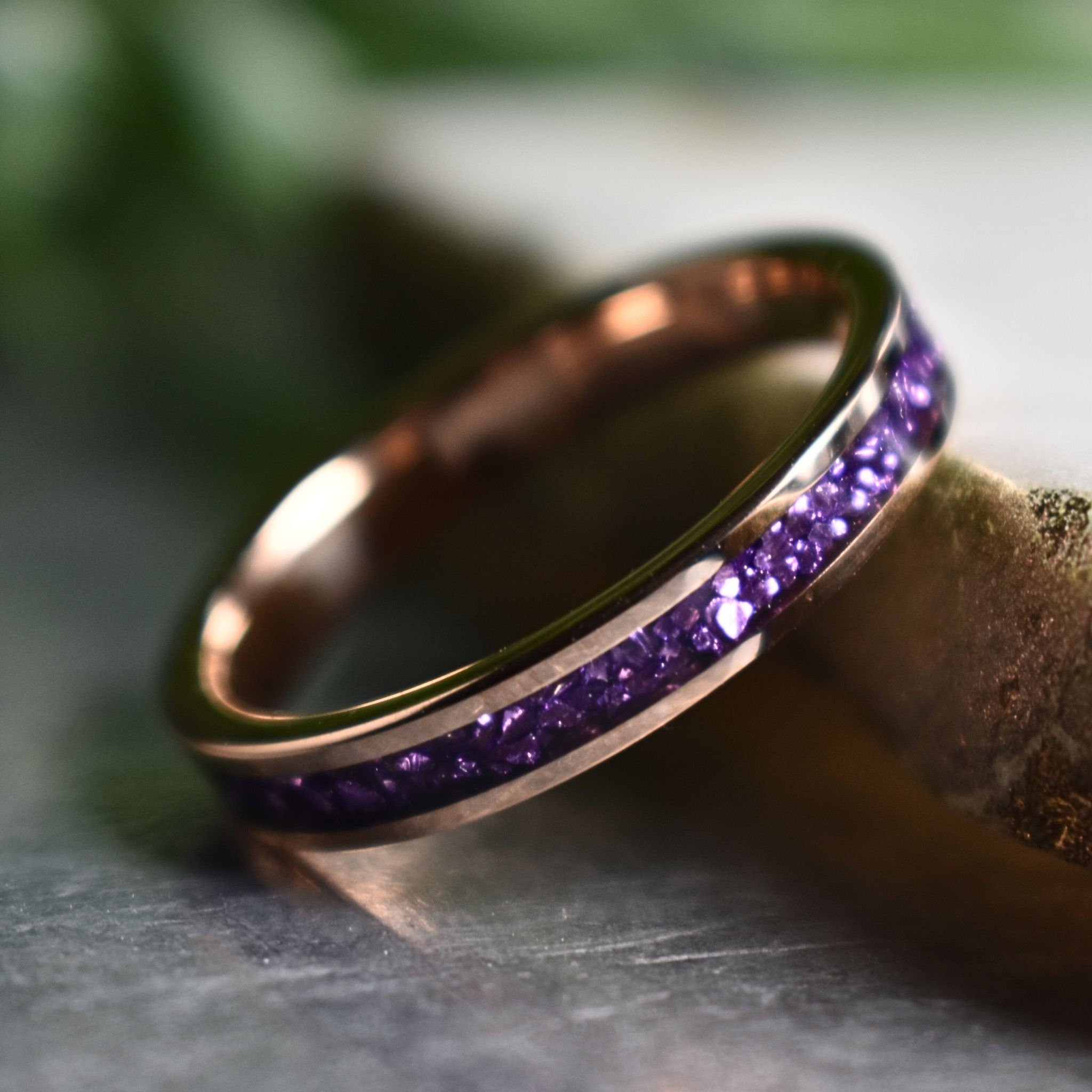 Tungsten 4mm Rose Gold Ring with Amethyst Inlay