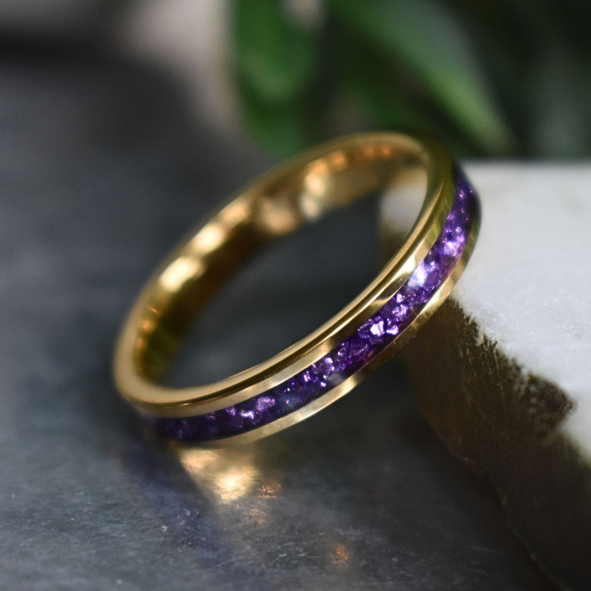 Tungsten 4mm Gold Ring with Amethyst Inlay