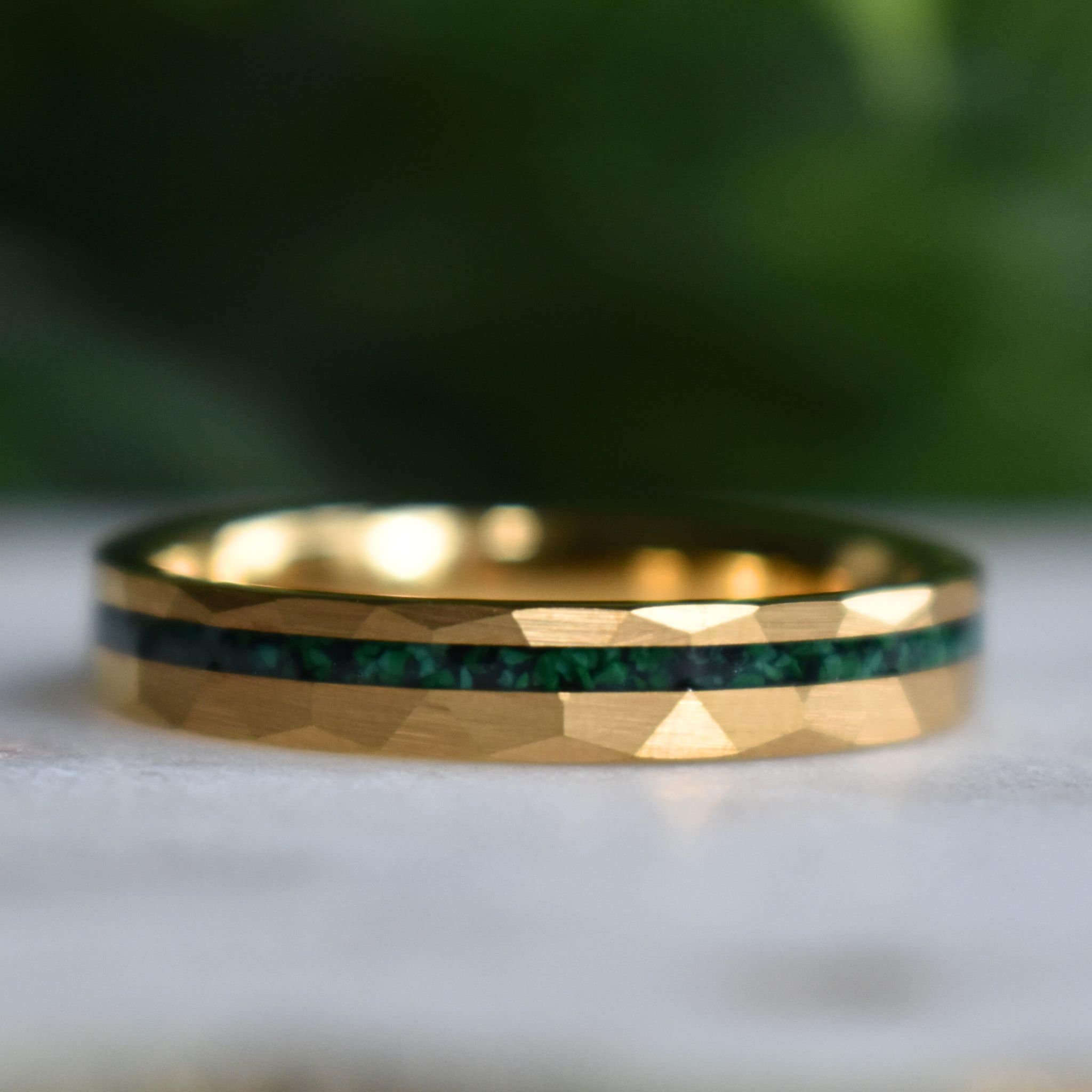 Tungsten 4mm Hammered Gold Ring with Malachite Inlay