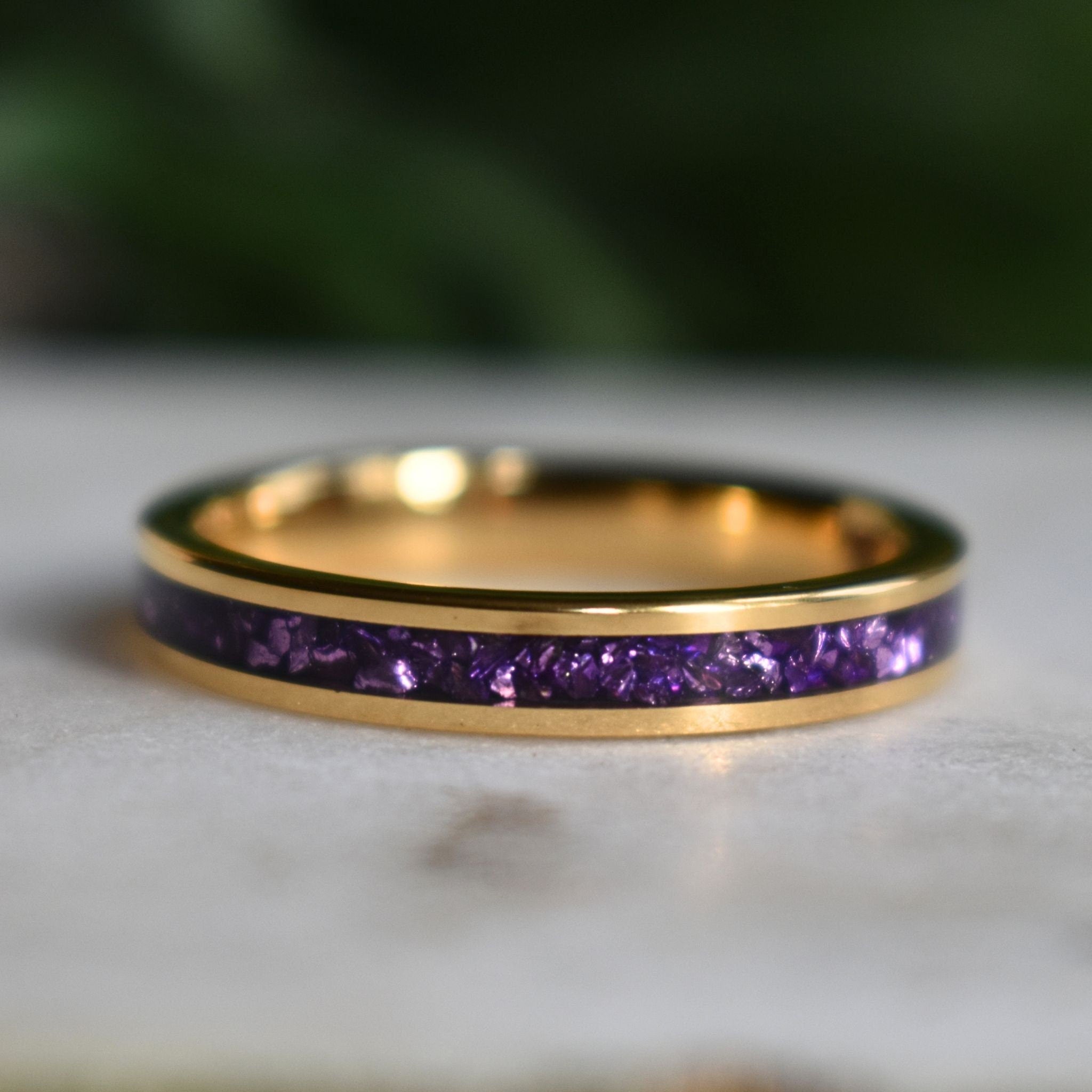 Tungsten 4mm Gold Ring with Amethyst Inlay
