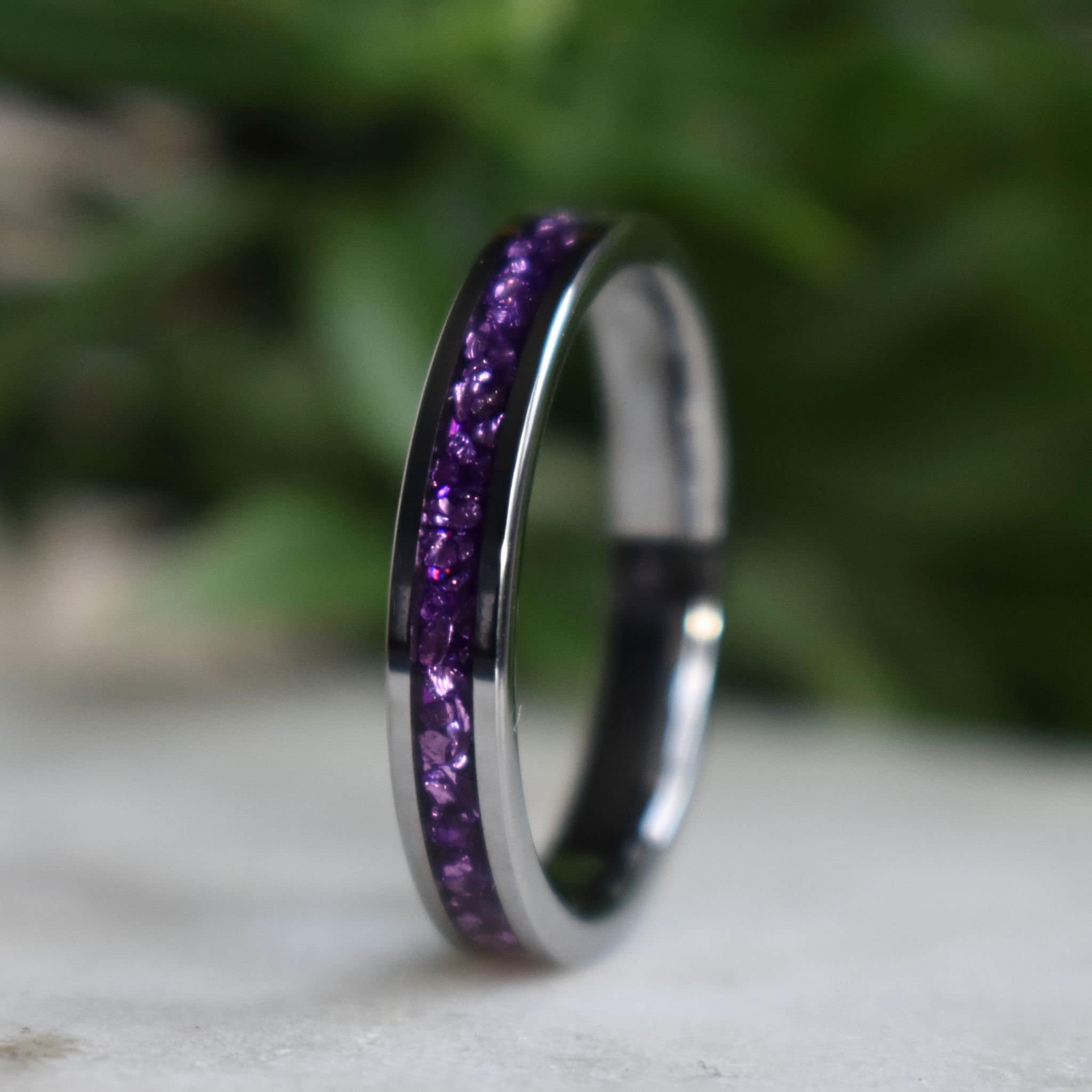 Tungsten 4mm Ring with Amethyst Inlay