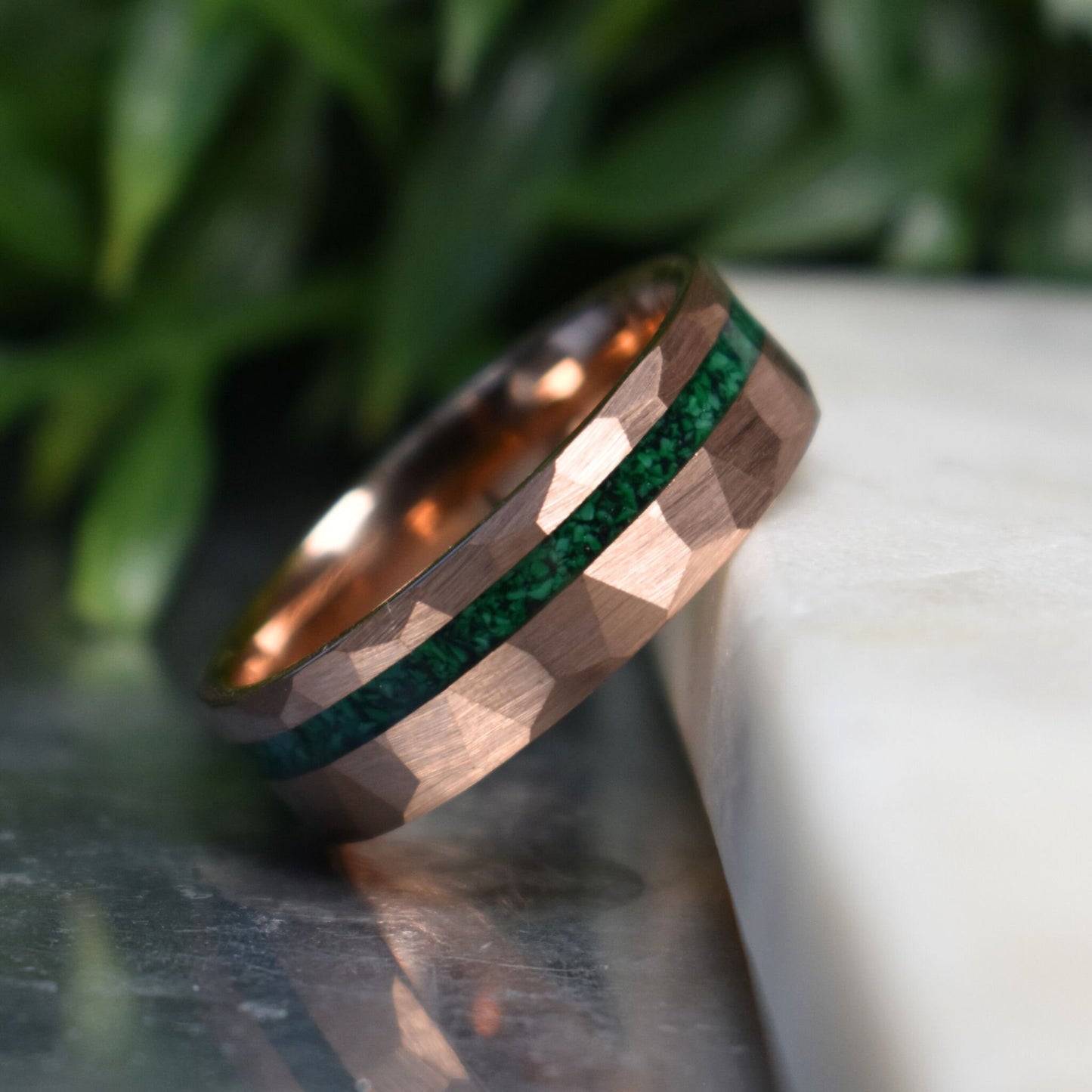 Tungsten 8mm Hammered Rose Gold Ring with Malachite Inlay