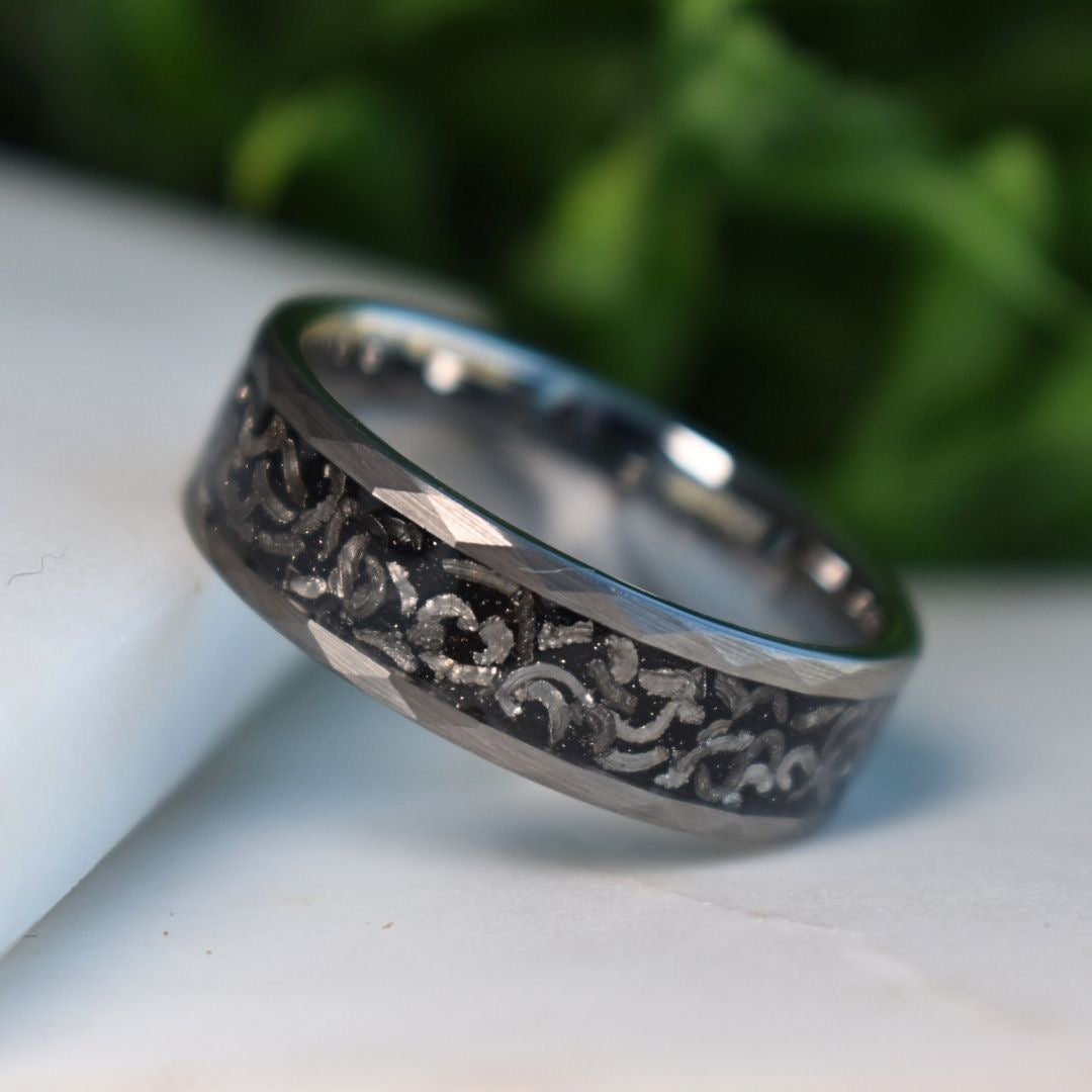 Hammered 8mm Tungsten Ring with Meteorite Inlay