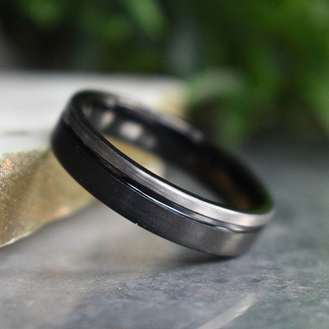 Tungsten Ring 6mm Black and Silver Brushed with Polished Black Accent - Tungsten Titans