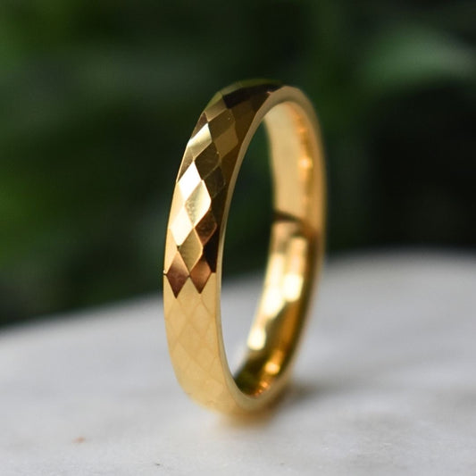 Tungsten Diamond Facet Yellow Gold 4mm Ring