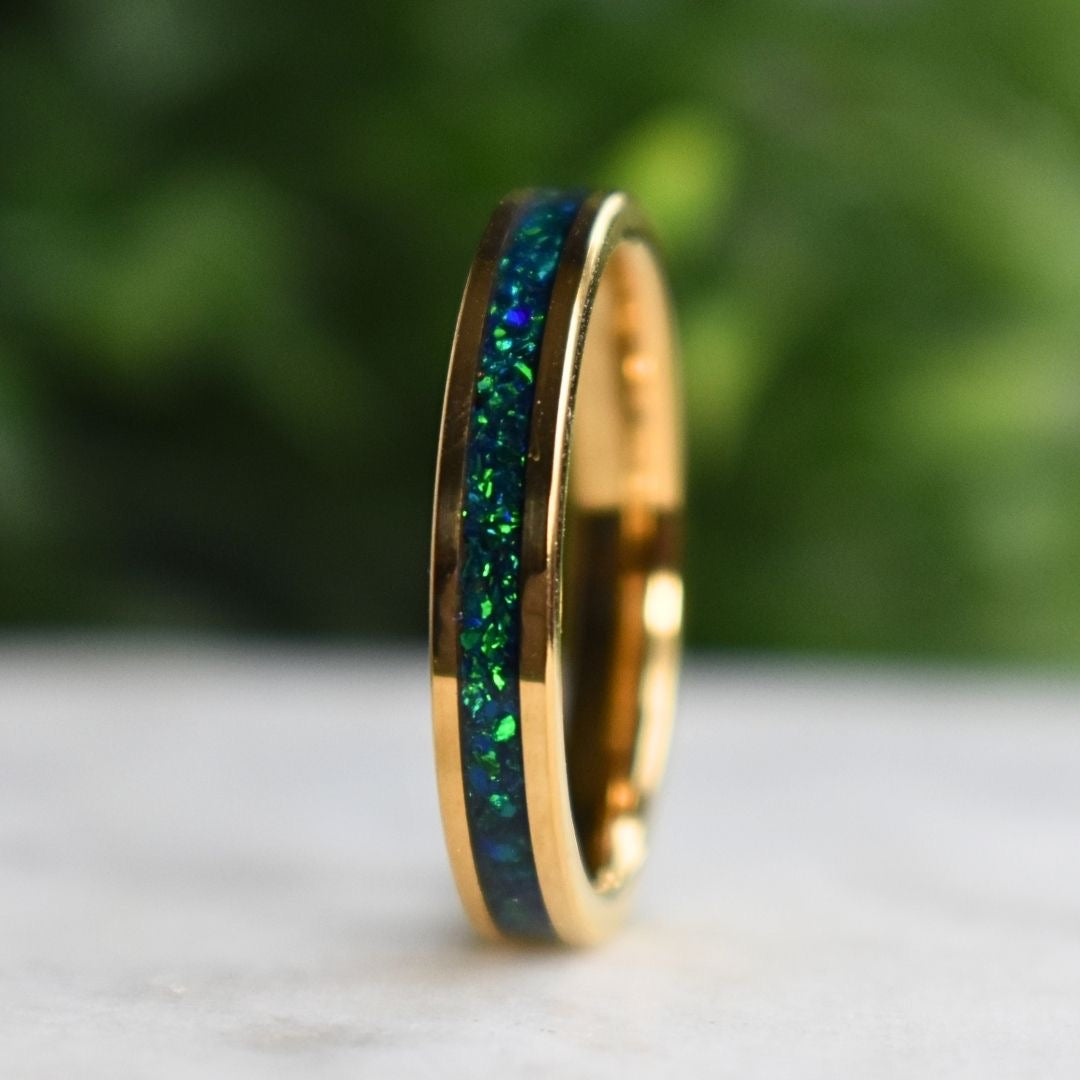 Tungsten 4mm Yellow Gold Ring Crushed Green and Blue Opal Wedding Band - Tungsten Titans