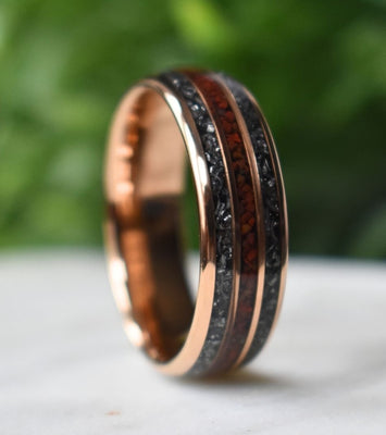 Tungsten 8mm Rose Gold Ring with Red Dinosaur Bone & Meteorite Ring - Tungsten Titans