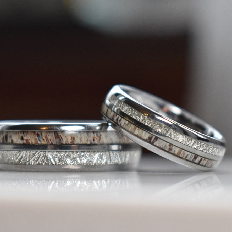 Silver Tungsten 8mm Ring with Deer Antler and Meteorite - Tungsten Titans