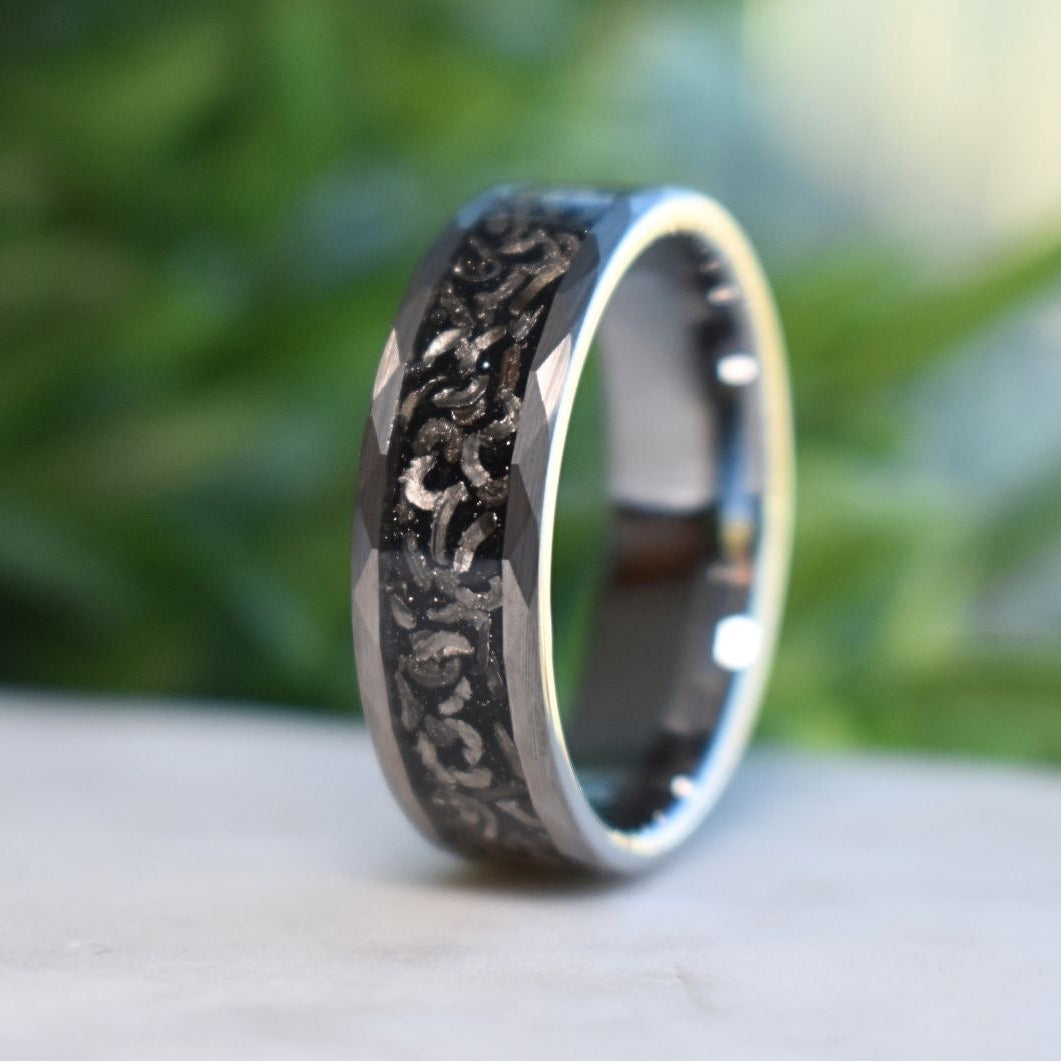 Hammered 8mm Tungsten Ring with Meteorite Inlay