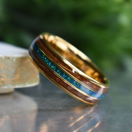 Tungsten 8mm Yellow Gold Ring with Crushed Green & Blue Opal and Whiskey Barrel