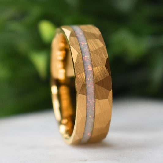 Tungsten 8mm Hammered Yellow Gold Ring with Crushed Opal Centre