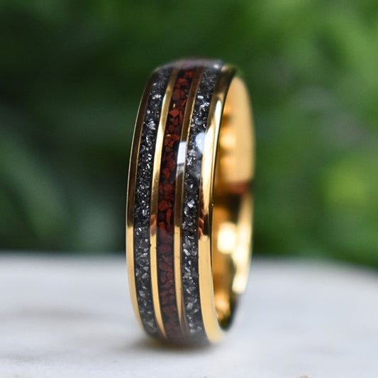 Tungsten 8mm Yellow Gold Ring with Red Dinosaur Bone & Meteorite Ring