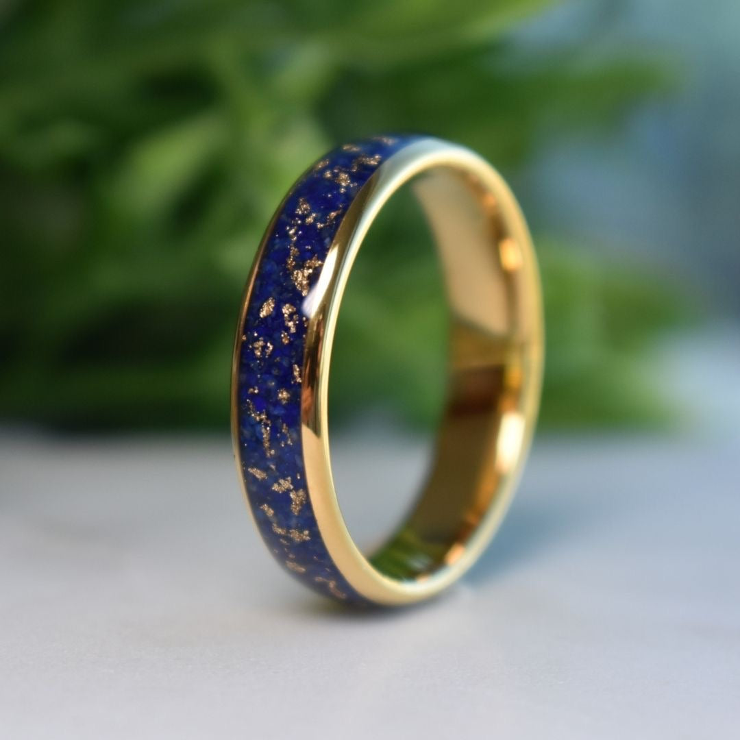 Tungsten 6mm Gold Ring with Lapis Lazuli & Gold Leaf Inlay