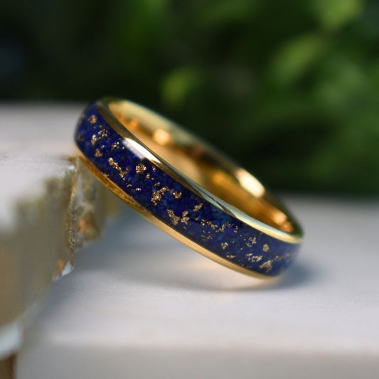 Tungsten 6mm Gold Ring with Lapis Lazuli & Gold Leaf Inlay