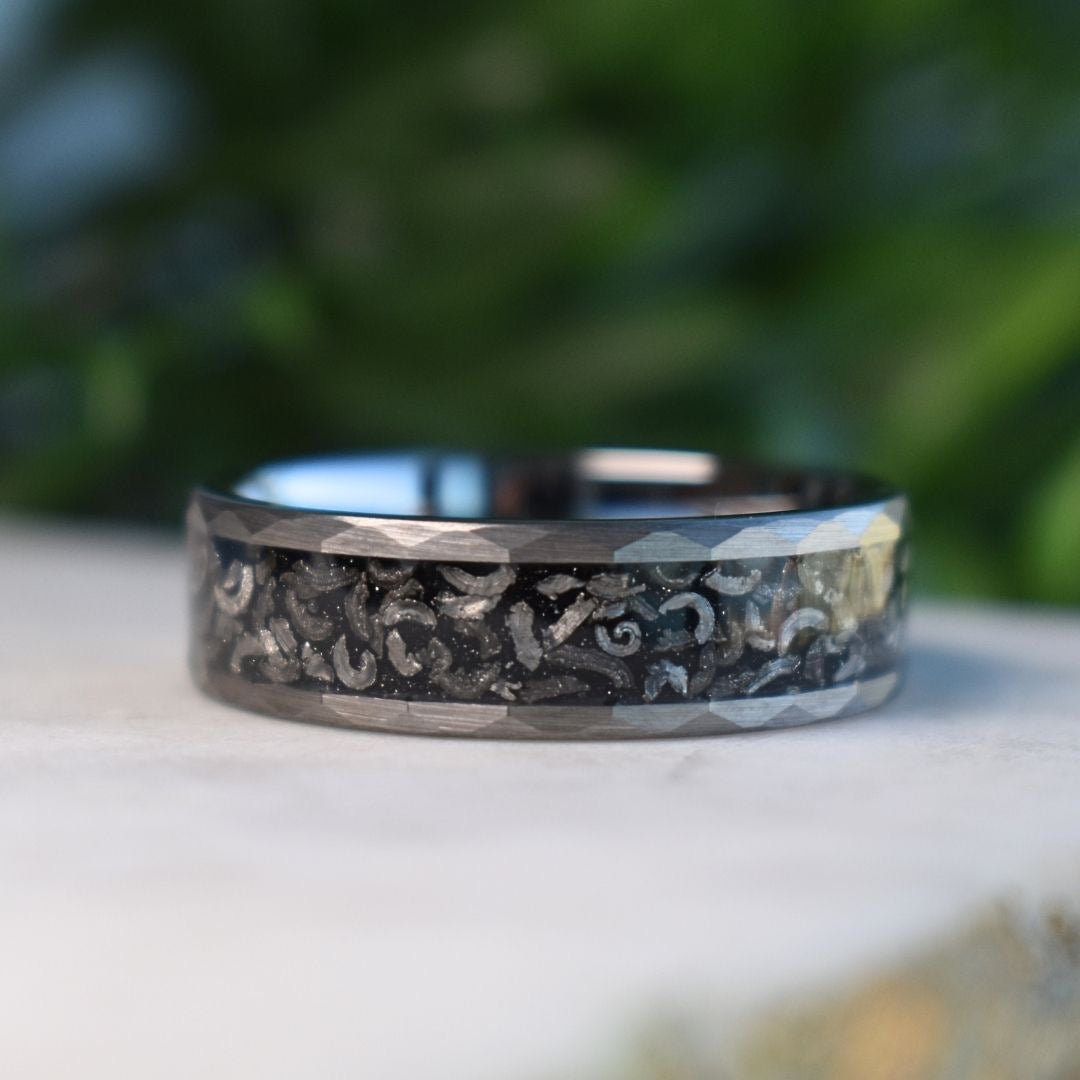 Hammered 8mm Tungsten Ring with Meteorite Inlay
