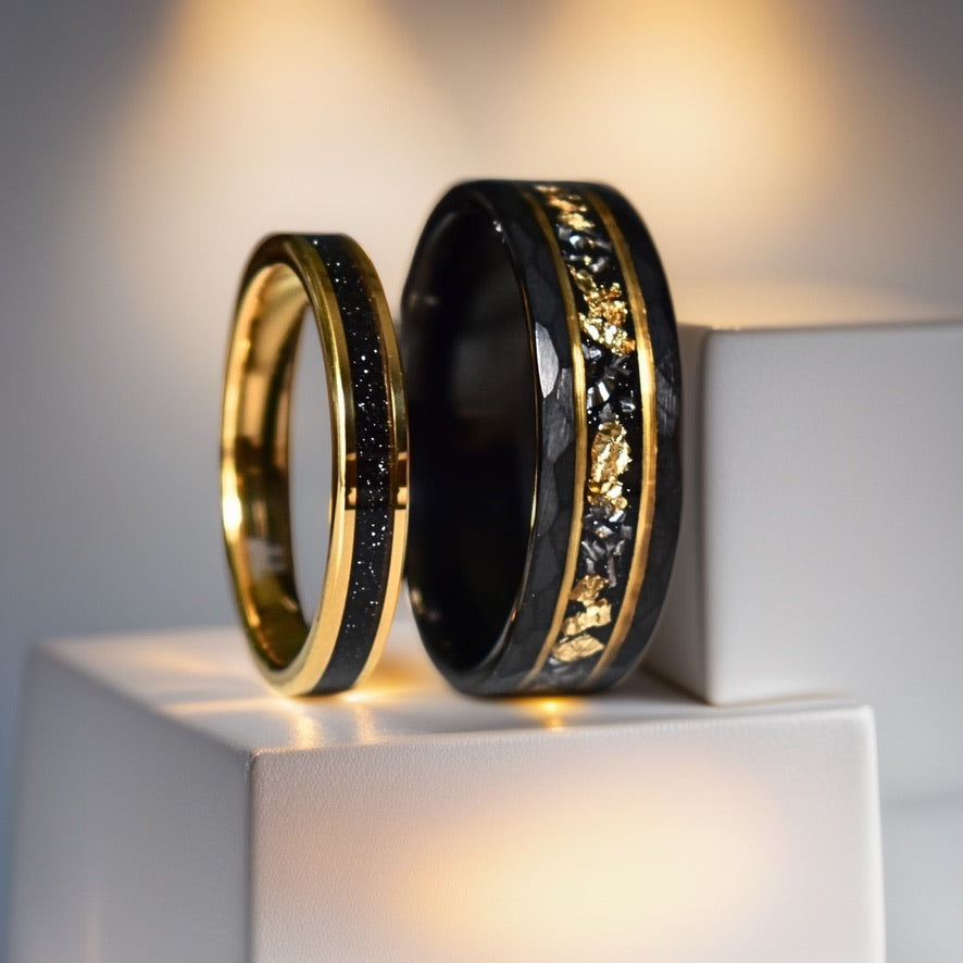 Tungsten Yellow Gold Ring Black Druzy Quartz Wedding Band - Tungsten Titans