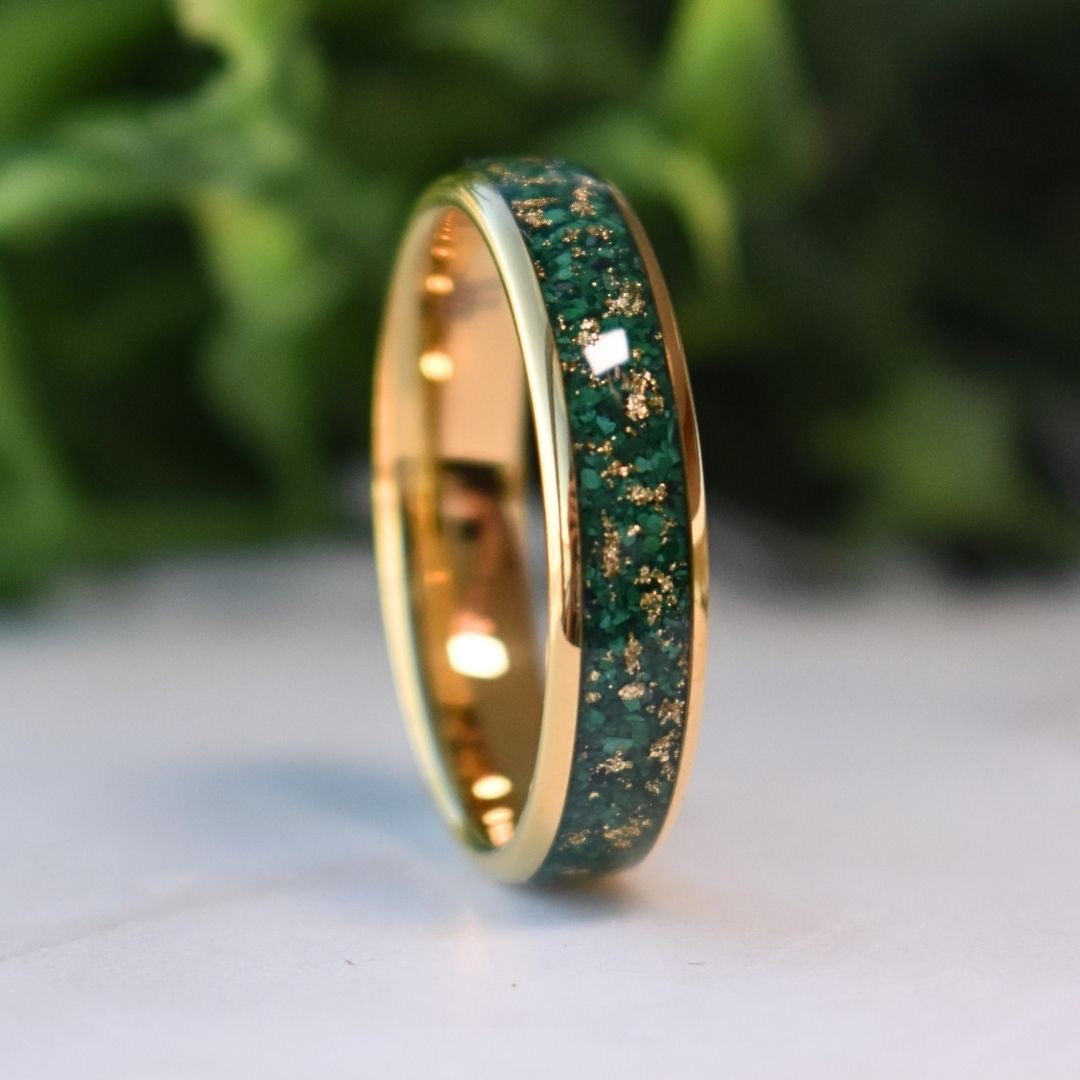 Tungsten 6mm Gold Ring with Malachite & Gold Leaf Inlay