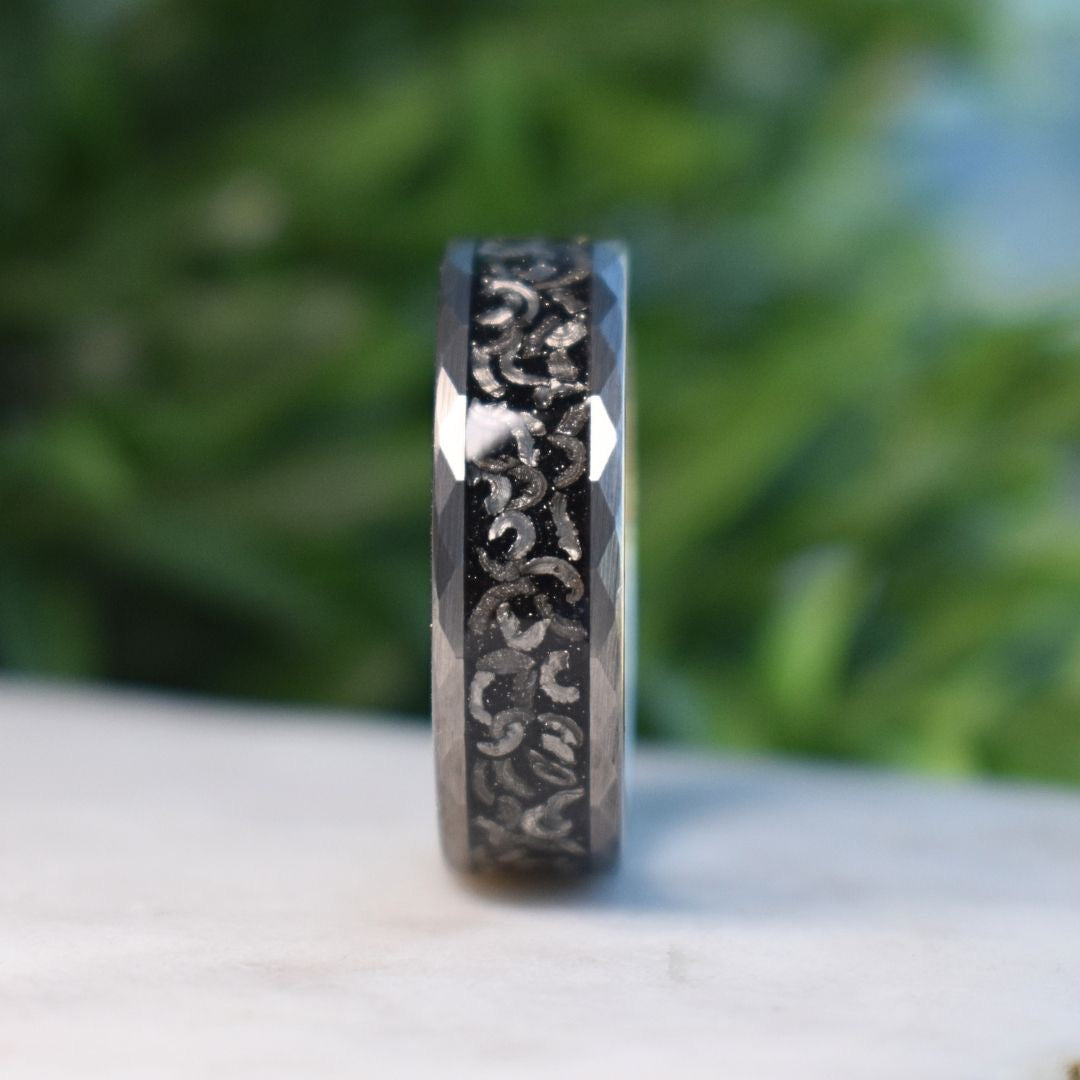 Hammered 8mm Tungsten Ring with Meteorite Inlay