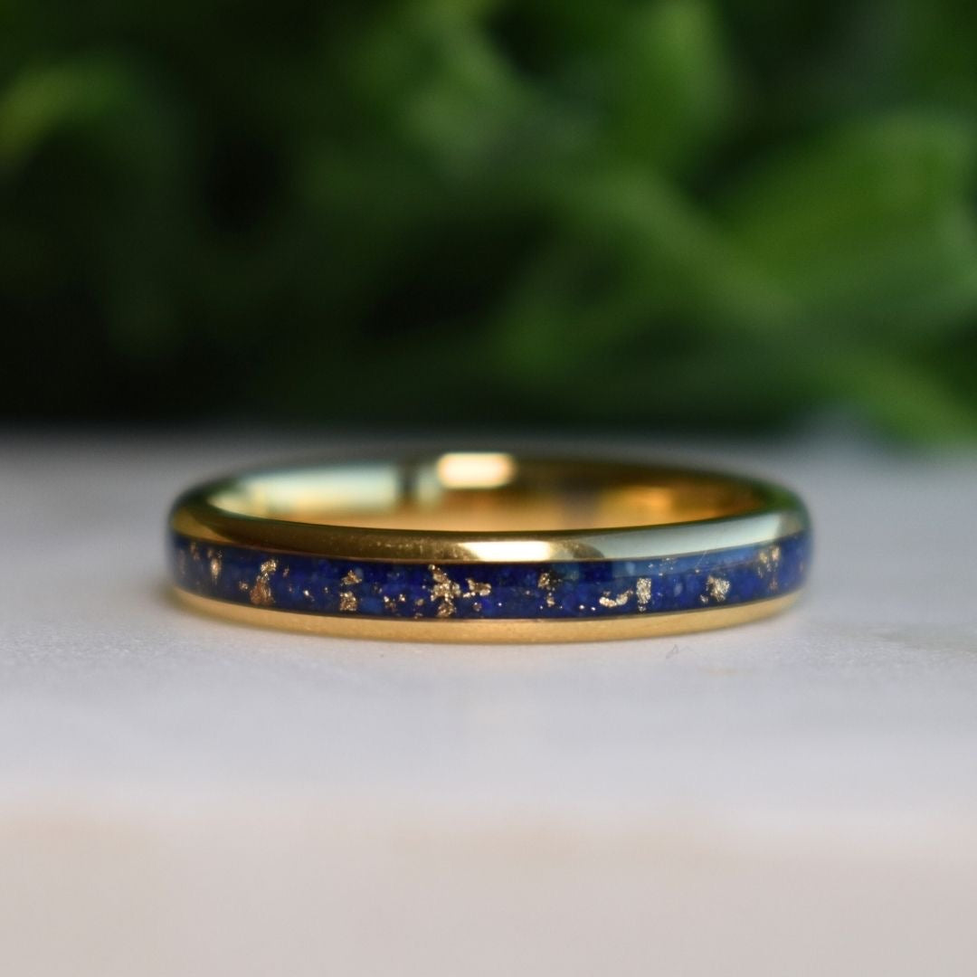 Tungsten 4mm Gold Ring with Lapis Lazuli & Gold Leaf Inlay