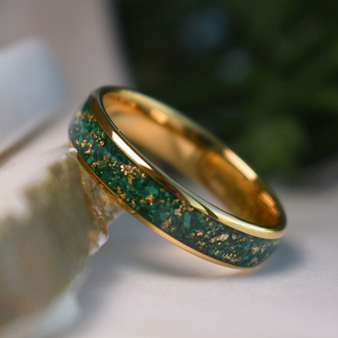 Tungsten 6mm Gold Ring with Malachite & Gold Leaf Inlay