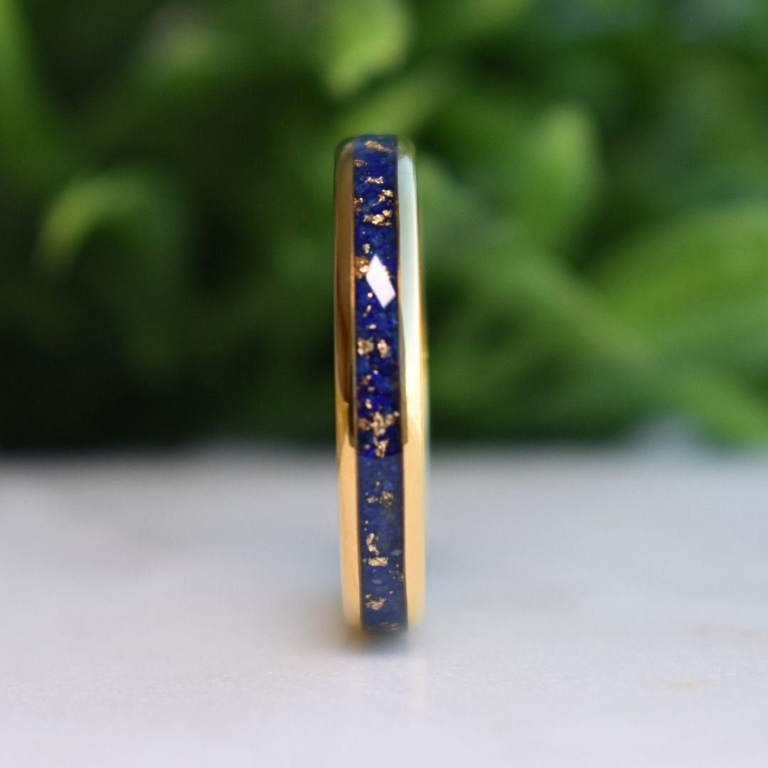 Tungsten 4mm Gold Ring with Lapis Lazuli & Gold Leaf Inlay