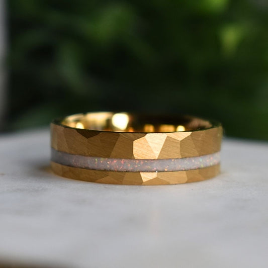 Tungsten 8mm Hammered Yellow Gold Ring with Crushed Opal Centre
