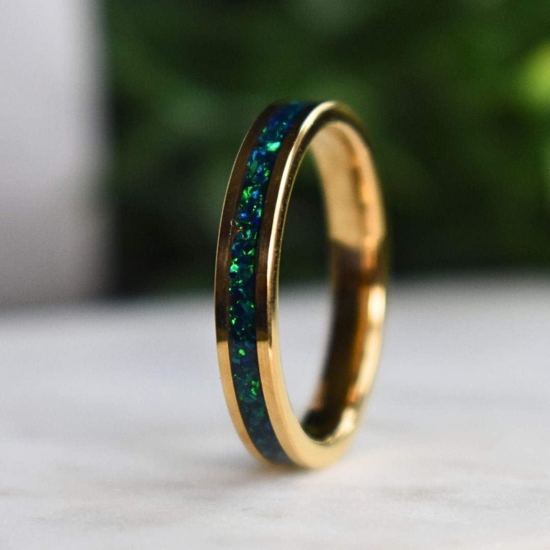 Tungsten 4mm Yellow Gold Ring Crushed Green and Blue Opal Wedding Band - Tungsten Titans