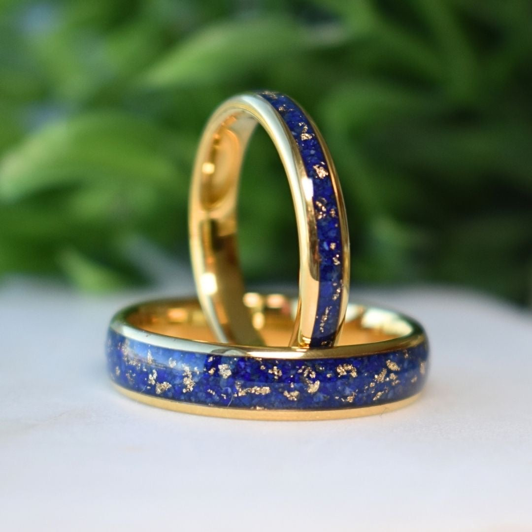 Tungsten 6mm Gold Ring with Lapis Lazuli & Gold Leaf Inlay