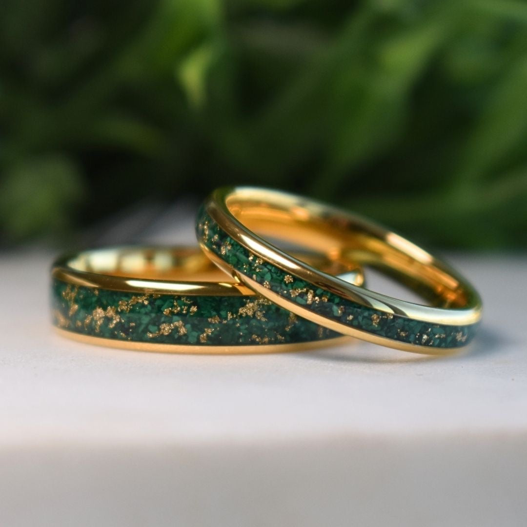Tungsten 6mm Gold Ring with Malachite & Gold Leaf Inlay - Tungsten Titans